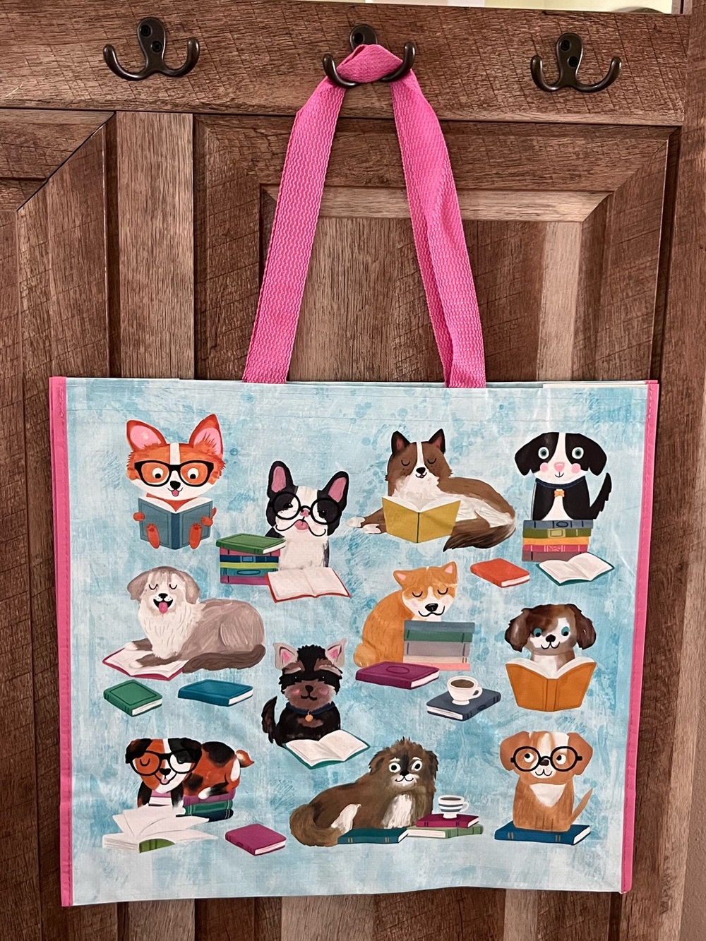 📚 Cute Literary Dogs Reusable Tote Bag – Pink & Light Blue 🐾